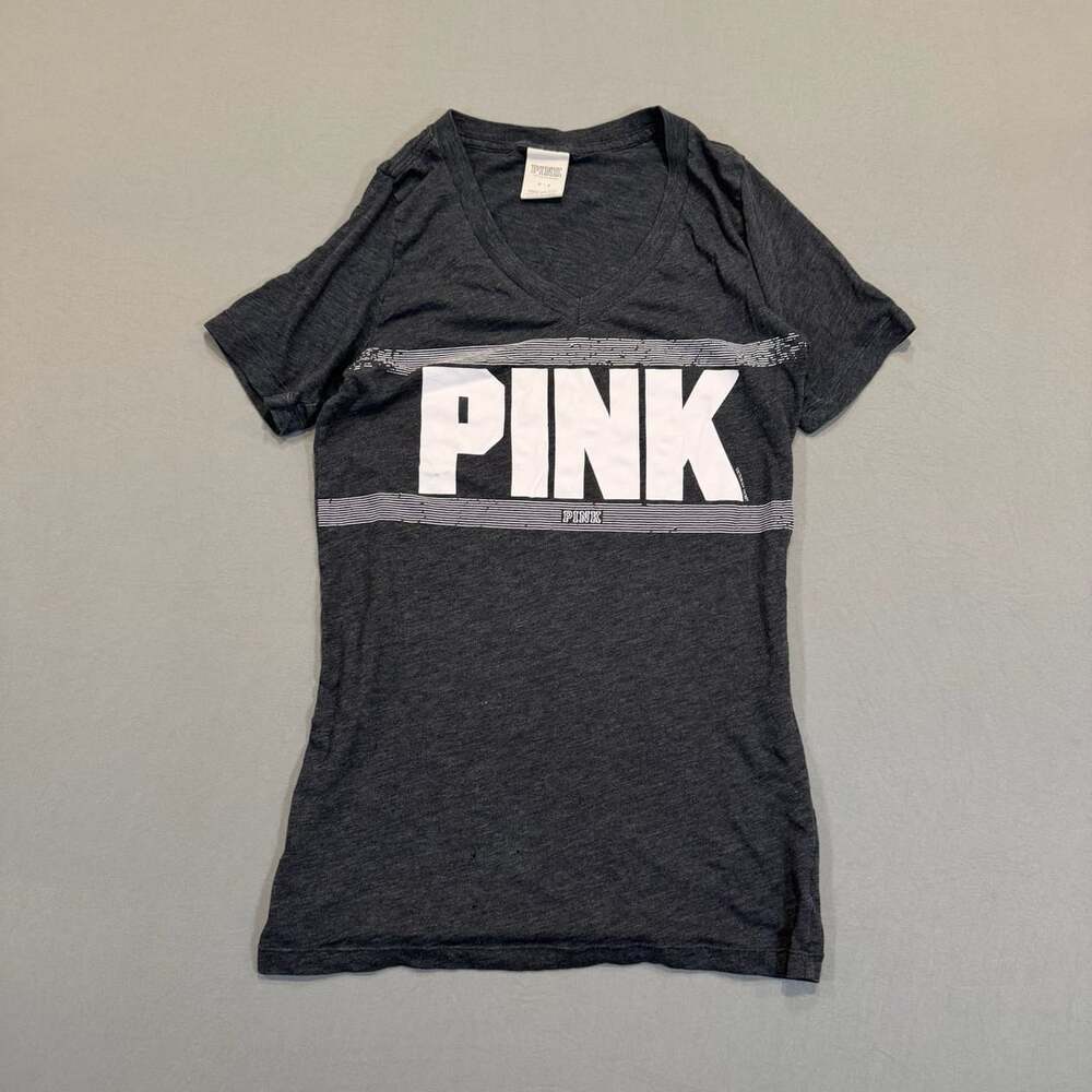 PINK Victoria's Secret V-Neck T-Shirt Size S Dark Gray Logo Graphic Tee